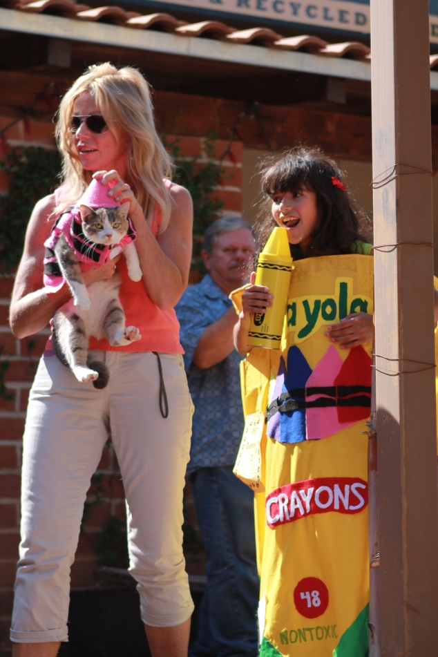 A Feline Crayon and a Crayola Box. This little girl has so much fun parading around with her cat.